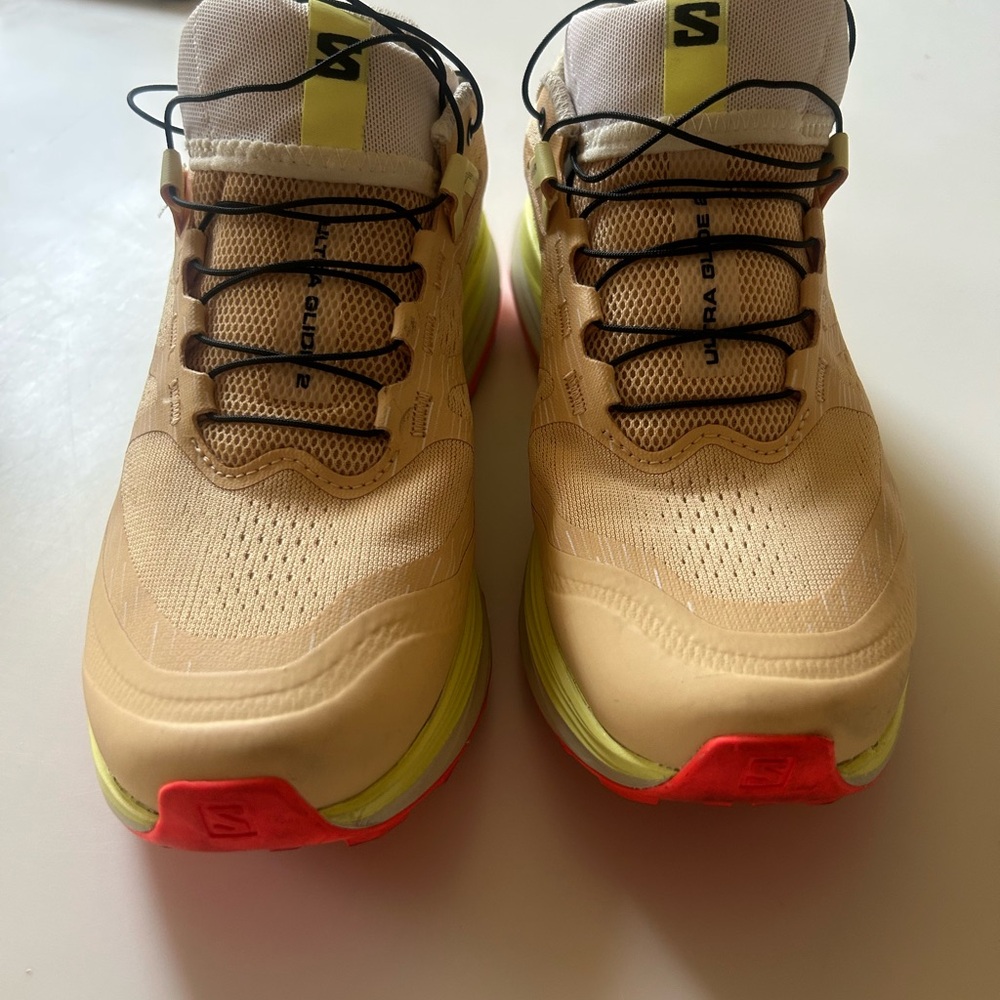 Salomon Beige and Neon Yellow Athletic Shoes
